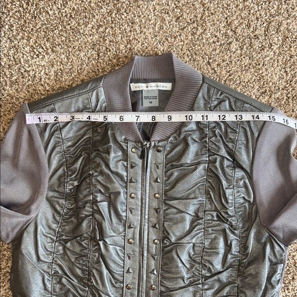 Peter Nygard Leather Jacket Silver Gray Bomber with Quilted/Ruched Front Design - Picture 7 of 10